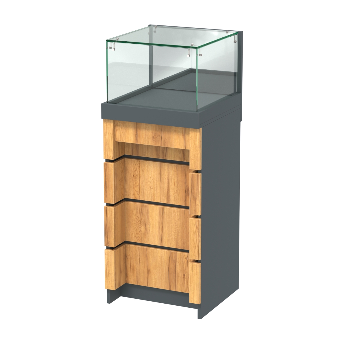 Торговый прилавок с утопленным фасадом и выдвижной зеркальной панелью №УФ-1-450 Темно-Серый  + Дуб Золотистый