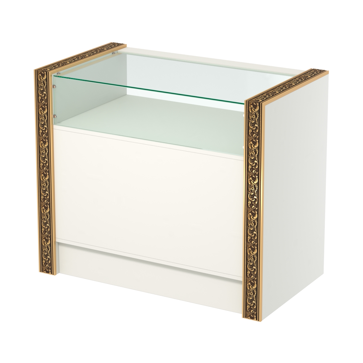 Недорогой прилавок с большим накопителем и декоративными молдингами №ПДМ-2-900 Белый