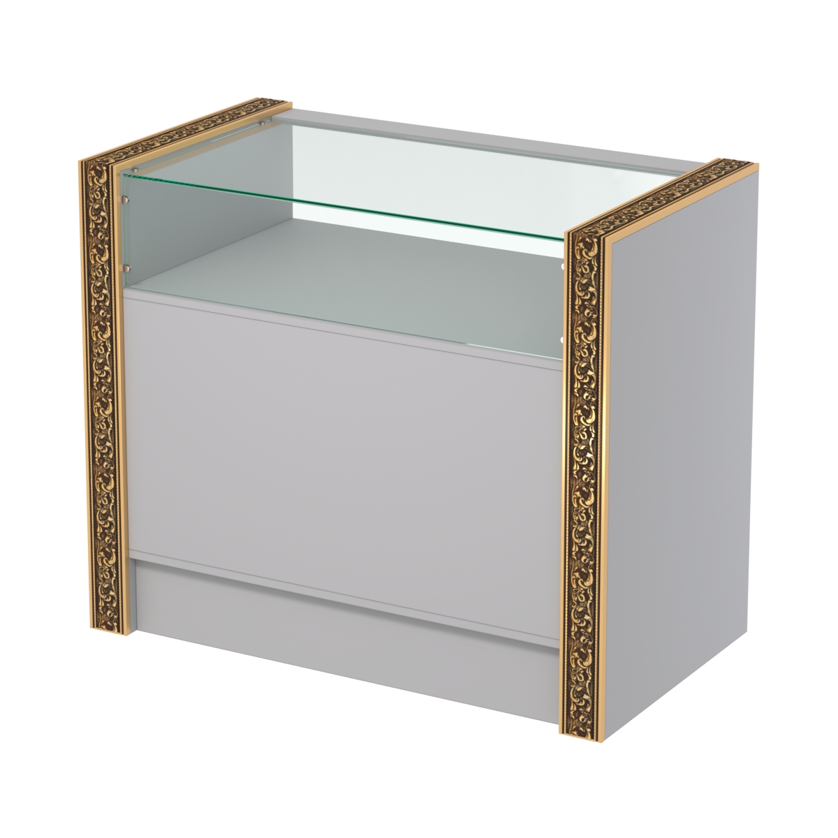 Недорогой прилавок с большим накопителем и декоративными молдингами №ПДМ-2-900 Cерый