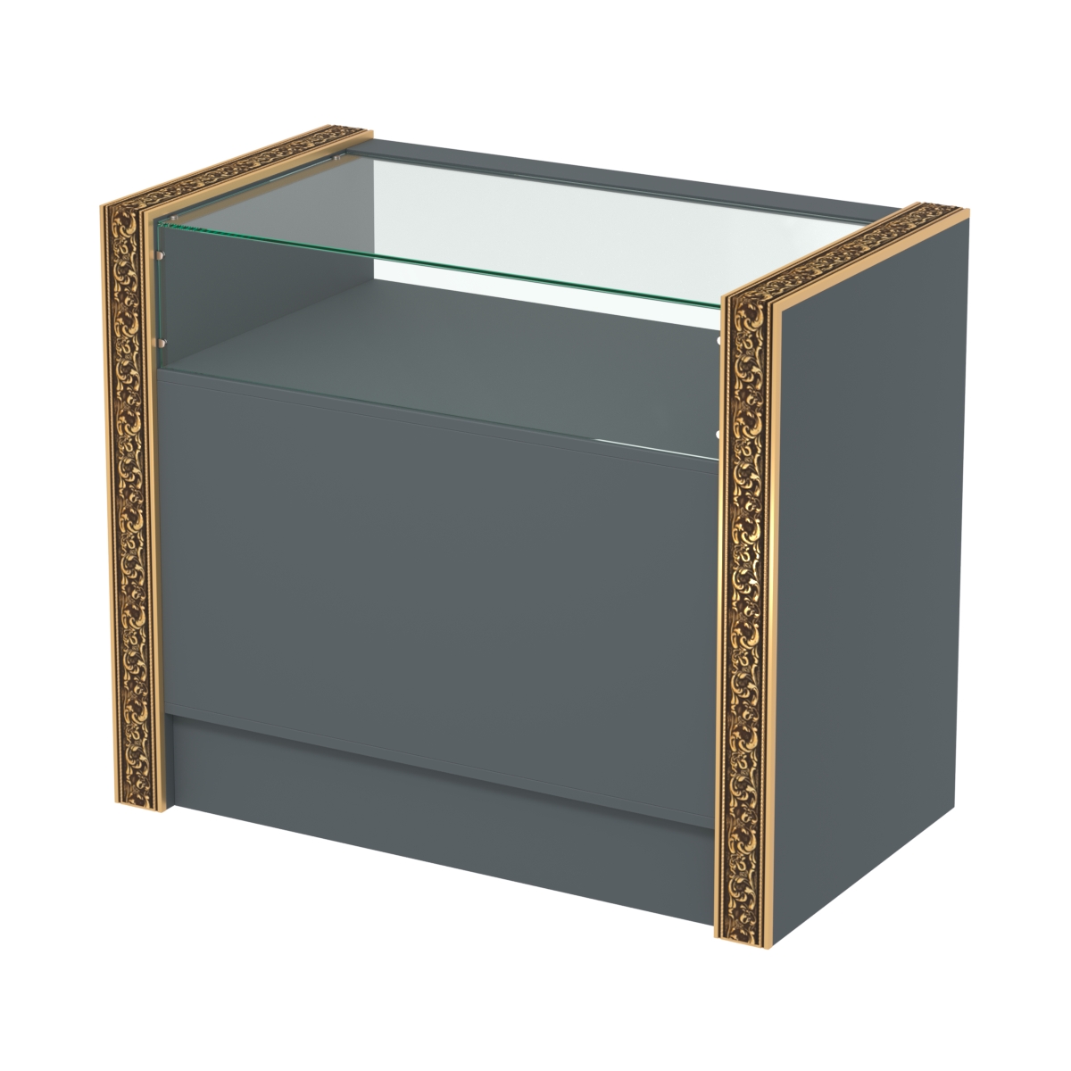 Недорогой прилавок с большим накопителем и декоративными молдингами №ПДМ-2-900 Темно-Серый