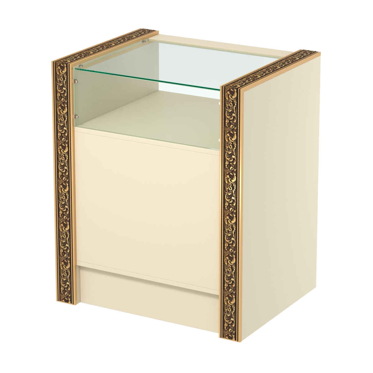 Недорогой прилавок с прозрачным верхом и декоративными молдингами №ПДМ-2-600 Крем Вайс