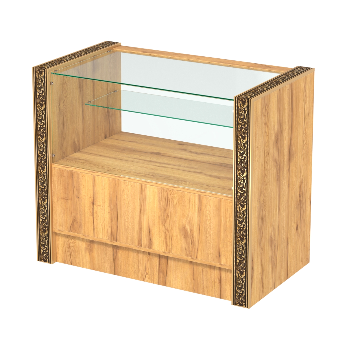 Недорогой прилавок с одной узкой полкой и декоративными молдингами №ПДМ-3-900 Дуб Золотистый