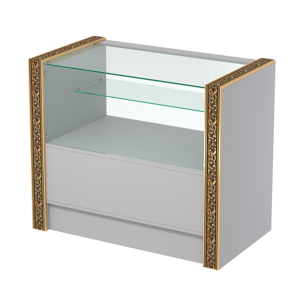 Недорогой прилавок с одной узкой полкой и декоративными молдингами №ПДМ-3-900 Cерый