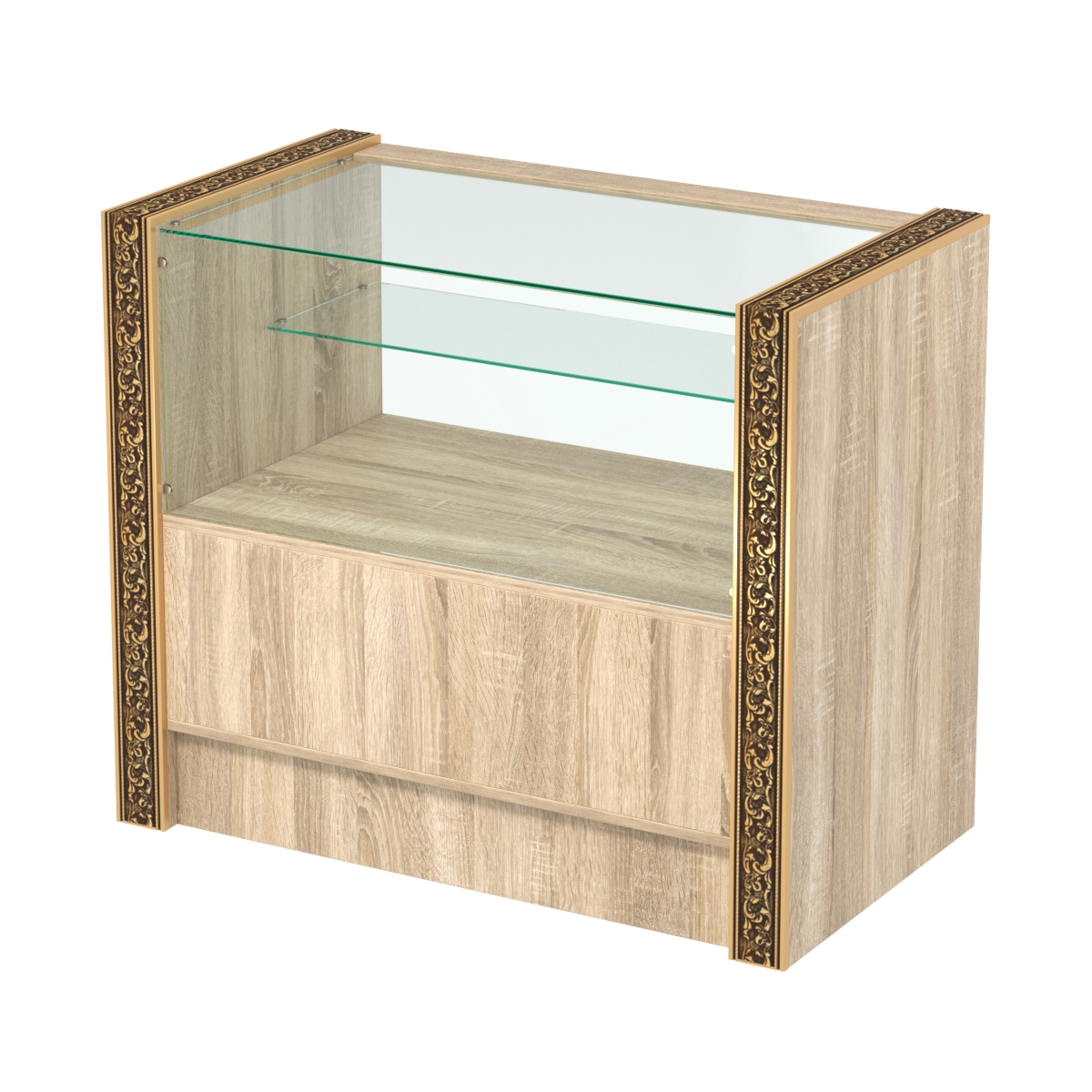 Недорогой прилавок с одной узкой полкой и декоративными молдингами №ПДМ-3-900 Дуб сонома