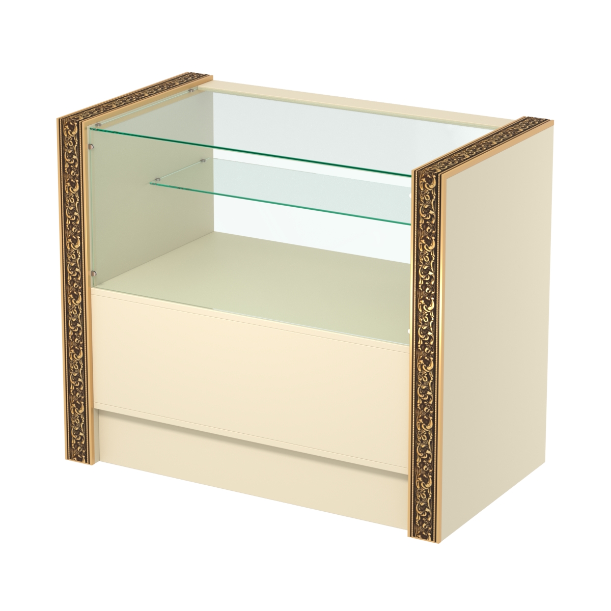 Недорогой прилавок с одной узкой полкой и декоративными молдингами №ПДМ-3-900 Крем Вайс