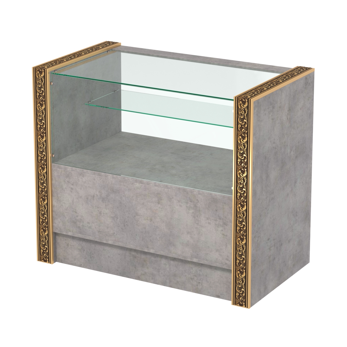 Недорогой прилавок с одной узкой полкой и декоративными молдингами №ПДМ-3-900 Бетон Чикаго светло-серый F186 ST9