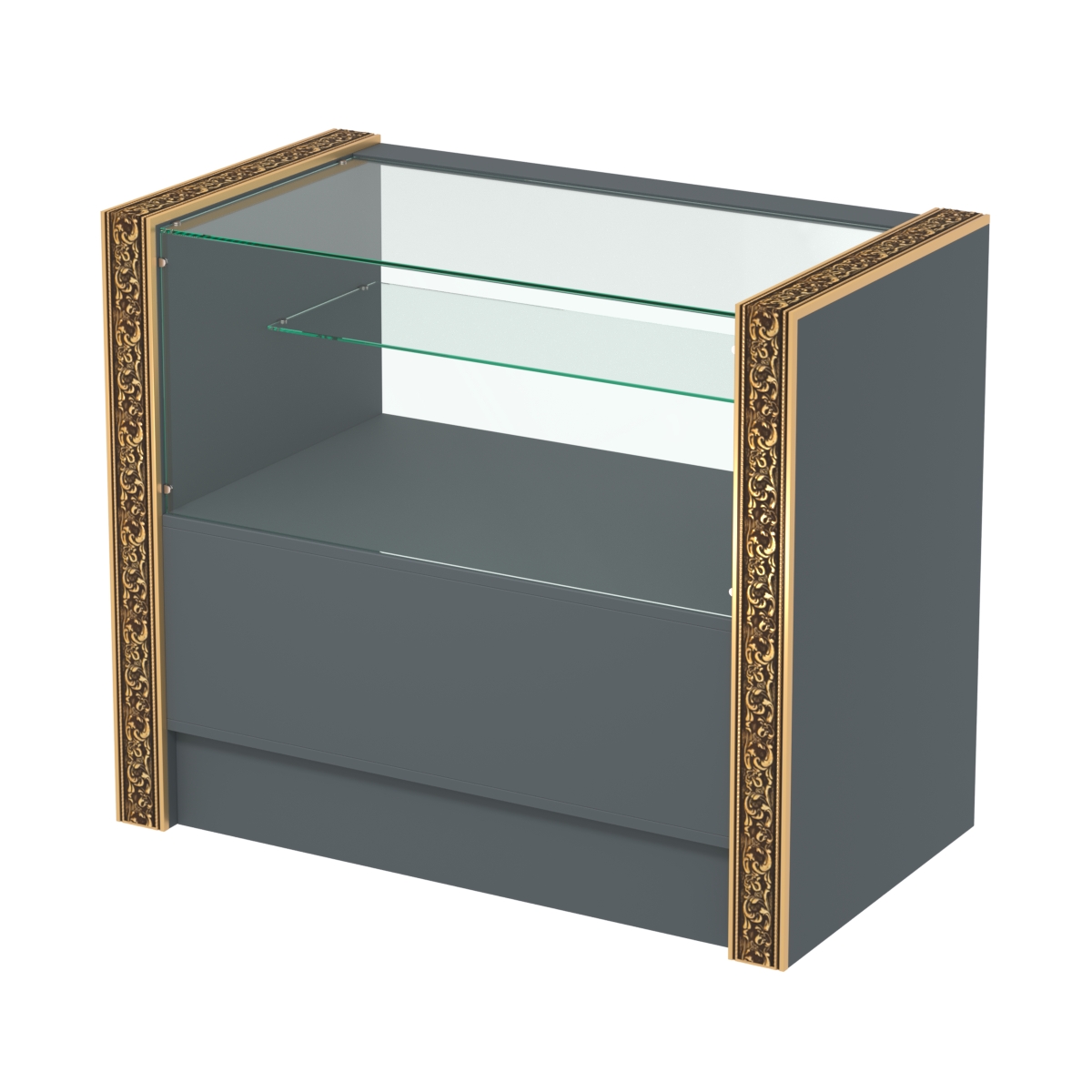 Недорогой прилавок с одной узкой полкой и декоративными молдингами №ПДМ-3-900 Темно-Серый