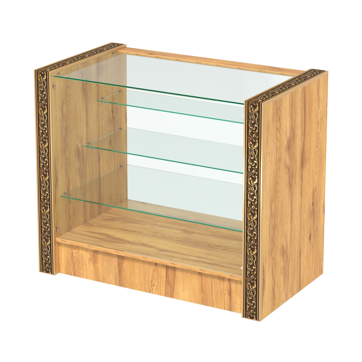 Недорогой прилавок со стеклянным фасадом и декоративными молдингами №ПДМ-4-900 Дуб Золотистый
