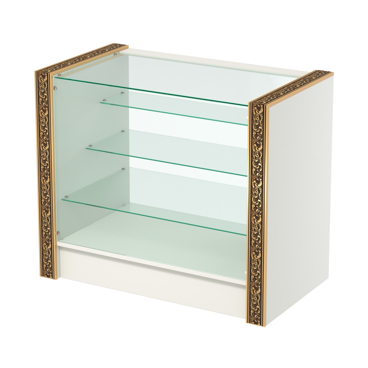 Недорогой прилавок со стеклянным фасадом и декоративными молдингами №ПДМ-4-900 Белый