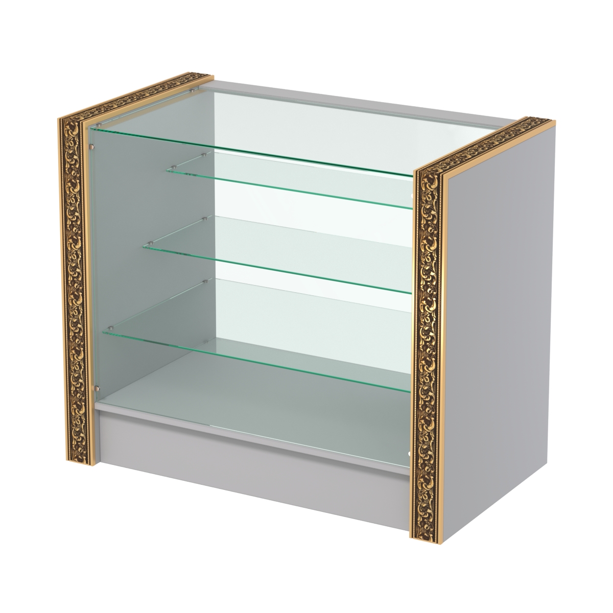 Недорогой прилавок со стеклянным фасадом и декоративными молдингами №ПДМ-4-900 Cерый