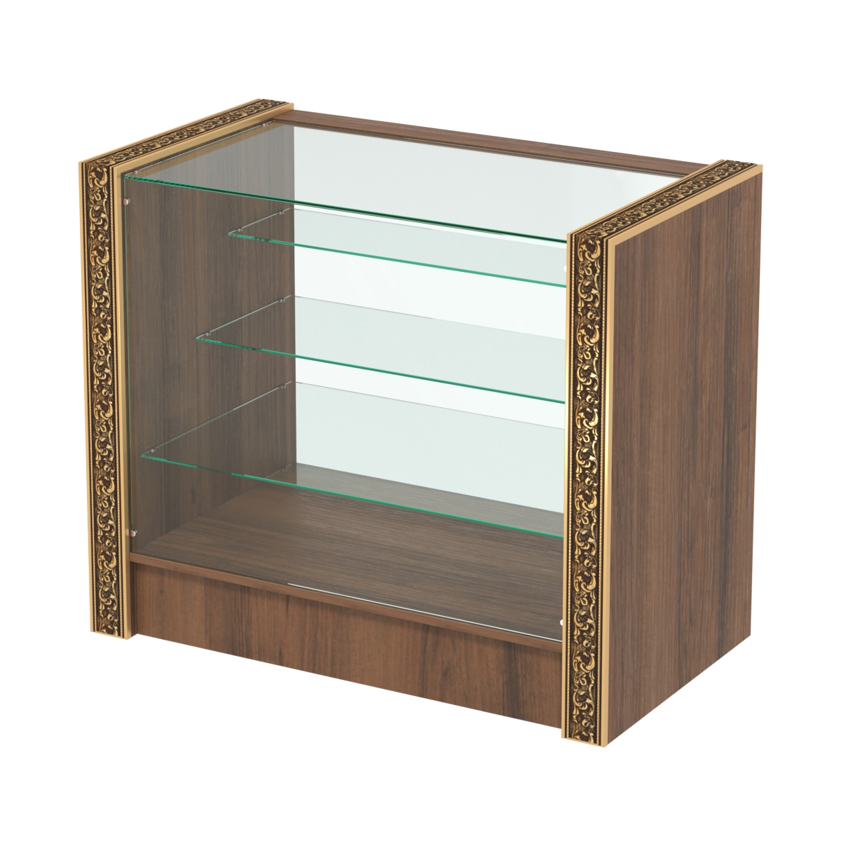 Недорогой прилавок со стеклянным фасадом и декоративными молдингами №ПДМ-4-900 Орех