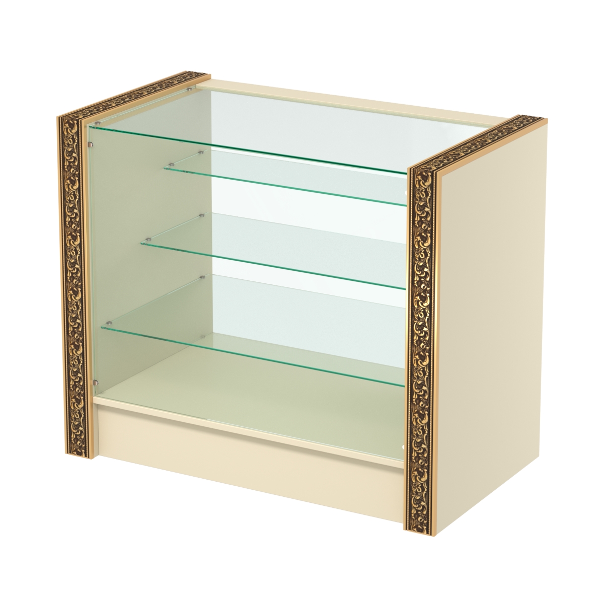 Недорогой прилавок со стеклянным фасадом и декоративными молдингами №ПДМ-4-900 Крем Вайс