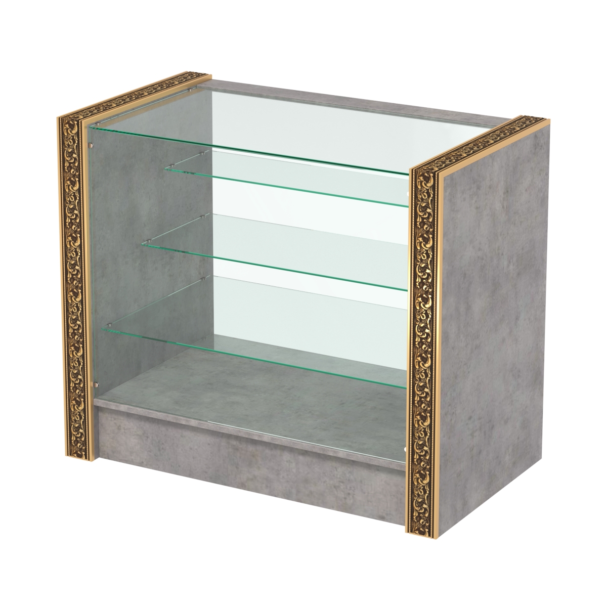 Недорогой прилавок со стеклянным фасадом и декоративными молдингами №ПДМ-4-900 Бетон Чикаго светло-серый F186 ST9