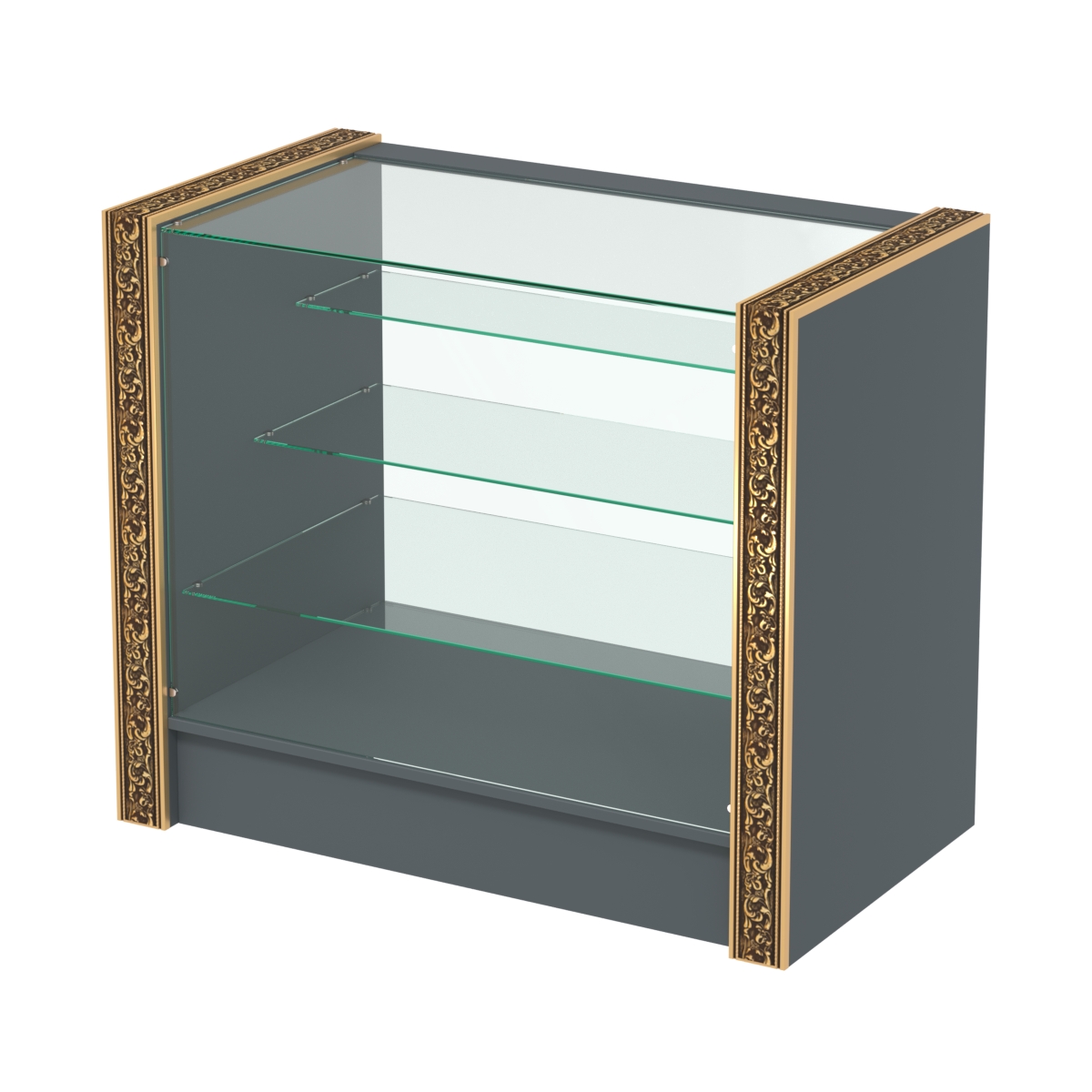 Недорогой прилавок со стеклянным фасадом и декоративными молдингами №ПДМ-4-900 Темно-Серый