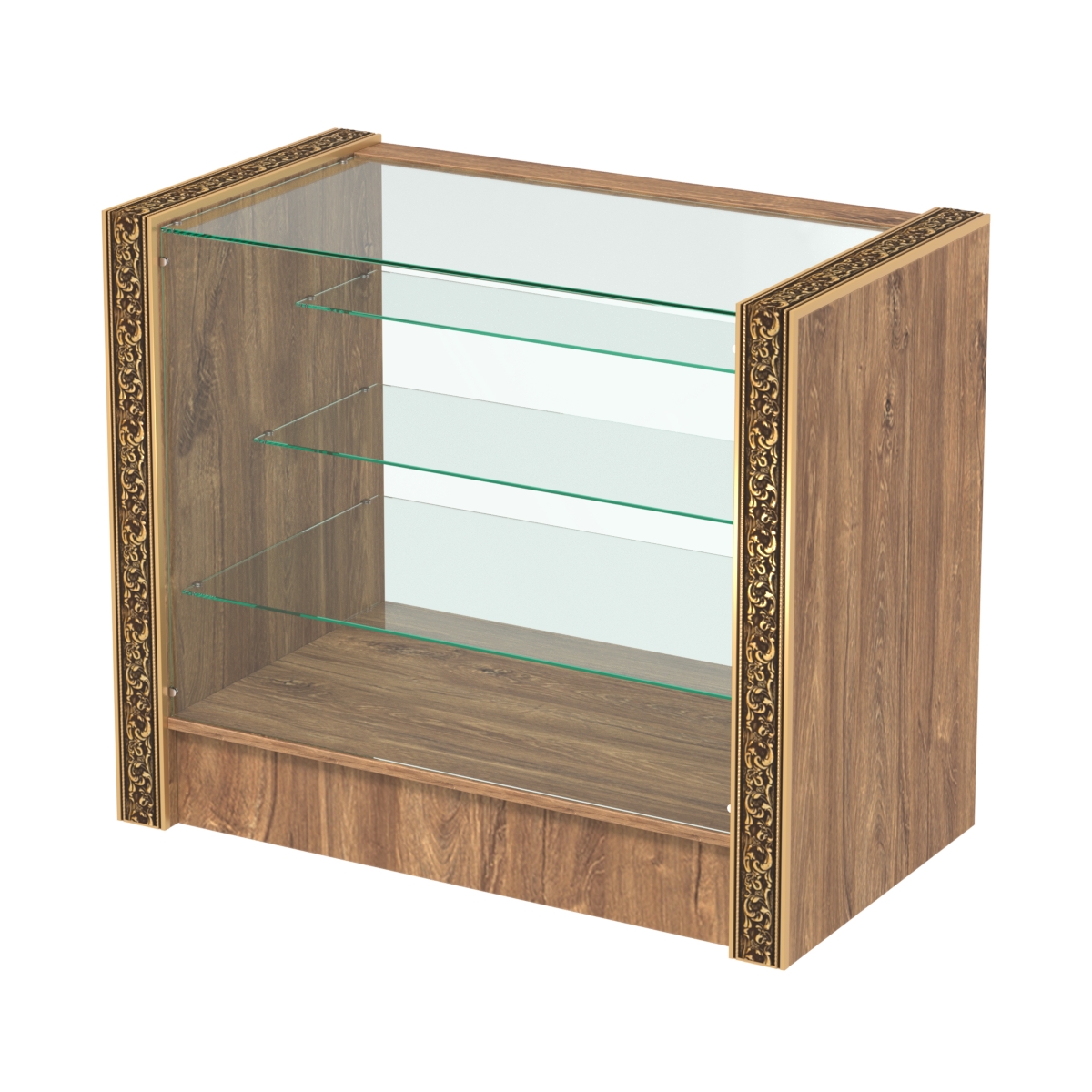 Недорогой прилавок со стеклянным фасадом и декоративными молдингами №ПДМ-4-900 Дуб Канзас коричневый