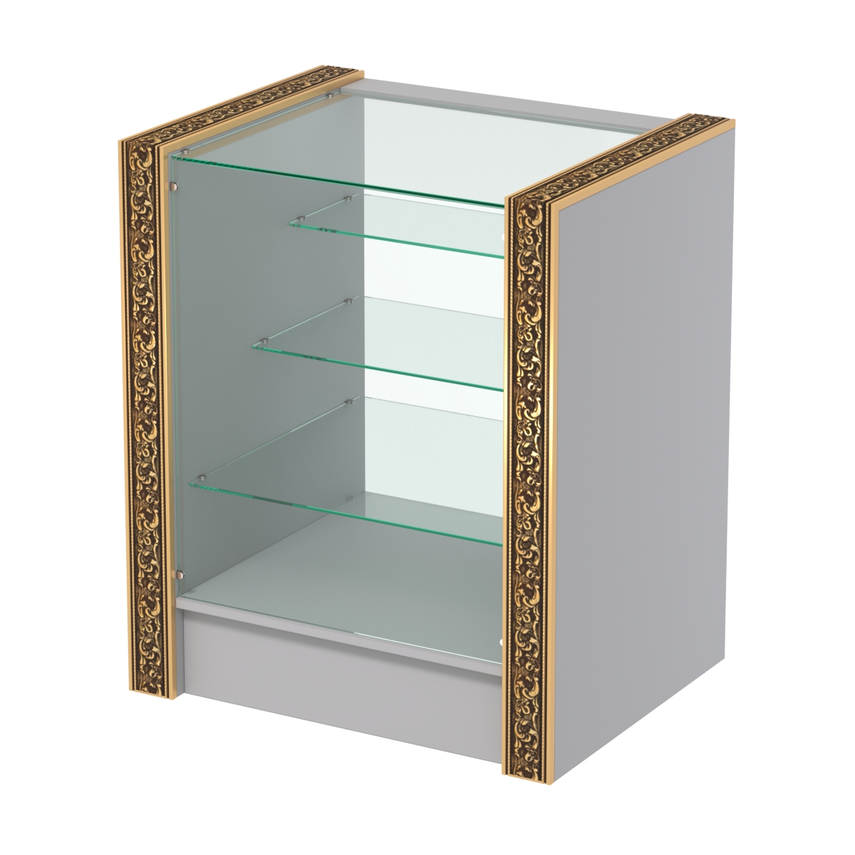 Недорогой прилавок с тремя полками лесенкой и декоративными молдингами №ПДМ-4-600 Cерый