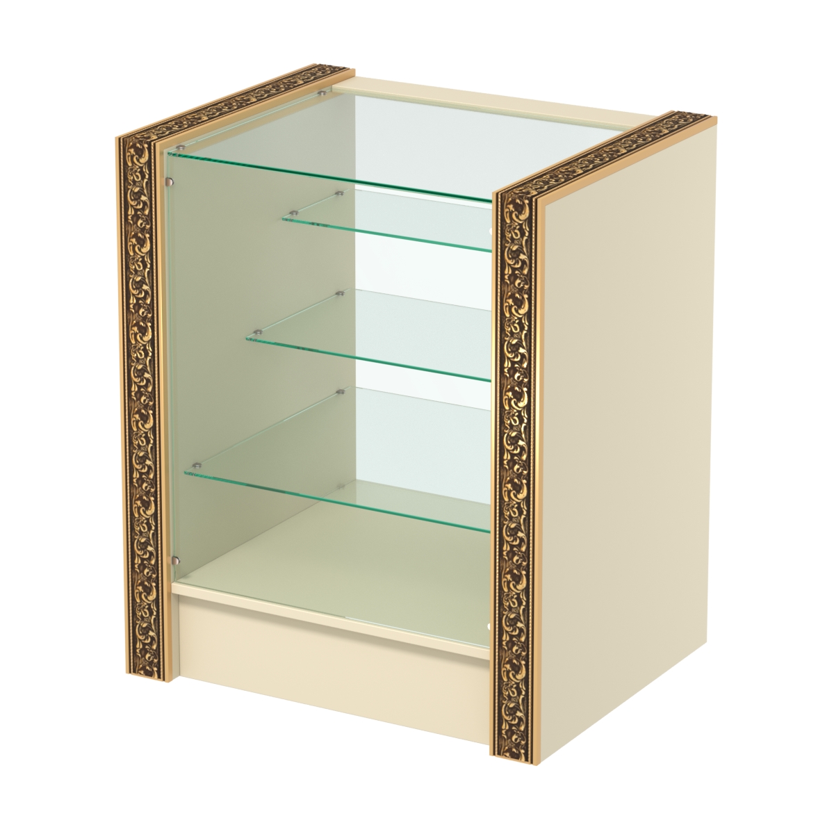 Недорогой прилавок с тремя полками лесенкой и декоративными молдингами №ПДМ-4-600 Крем Вайс