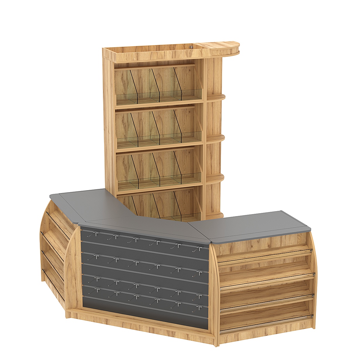 Комплект кассовой зоны со стеллажами под конфеты и орехи малый №1 Дуб Золотистый и Темно-Серый