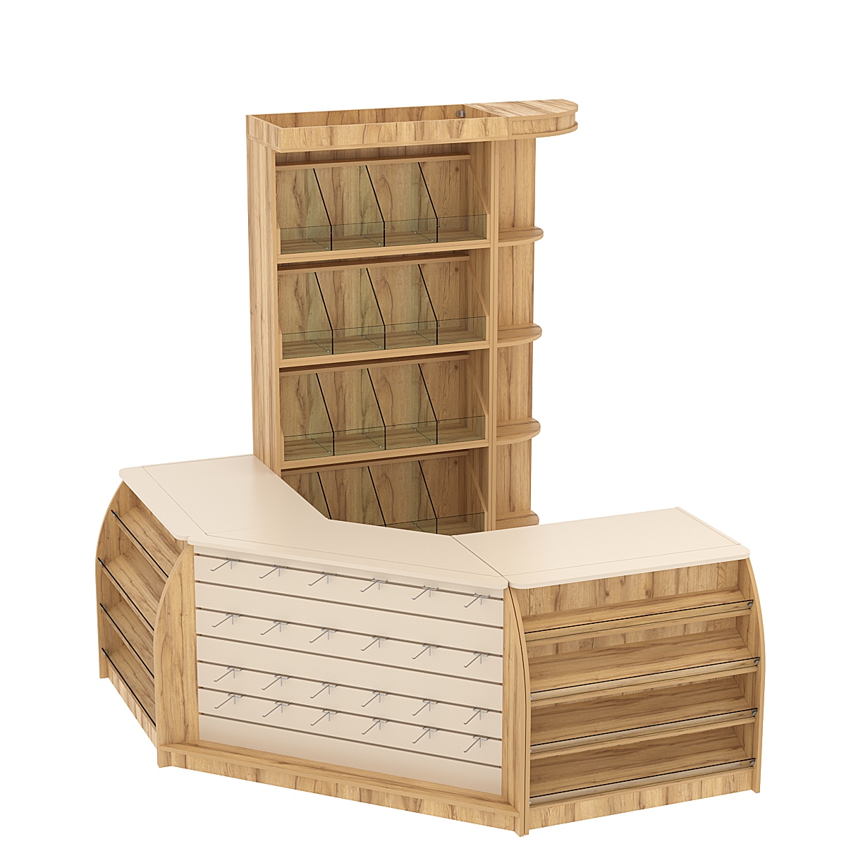 Комплект кассовой зоны со стеллажами под конфеты и орехи малый №1 Дуб Золотистый Крем Вайс