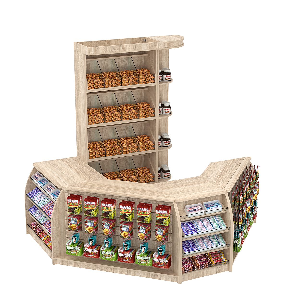 Комплект кассовой зоны со скосами и стеллажами под конфеты и орехи малый №1-1 Дуб сонома