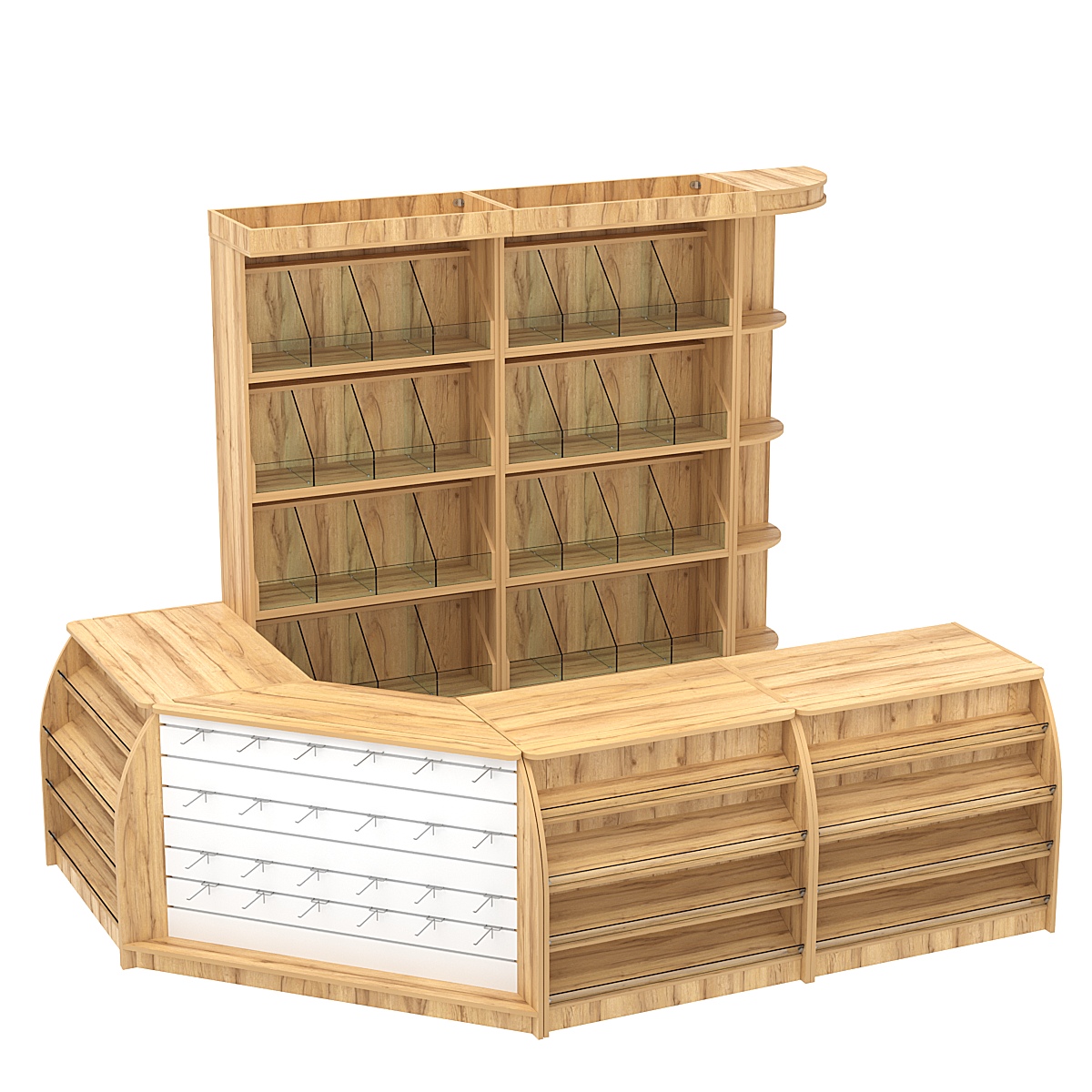 Комплект кассовой зоны со стеллажами под конфеты и орехи средний №2 Дуб Золотистый