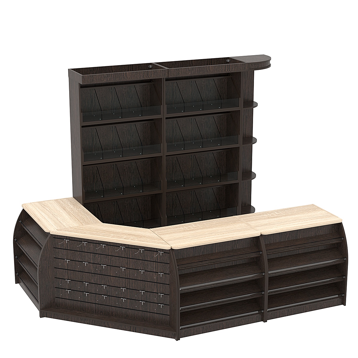Комплект кассовой зоны со стеллажами под конфеты и орехи средний №2 Дуб Венге и Дуб Сонома