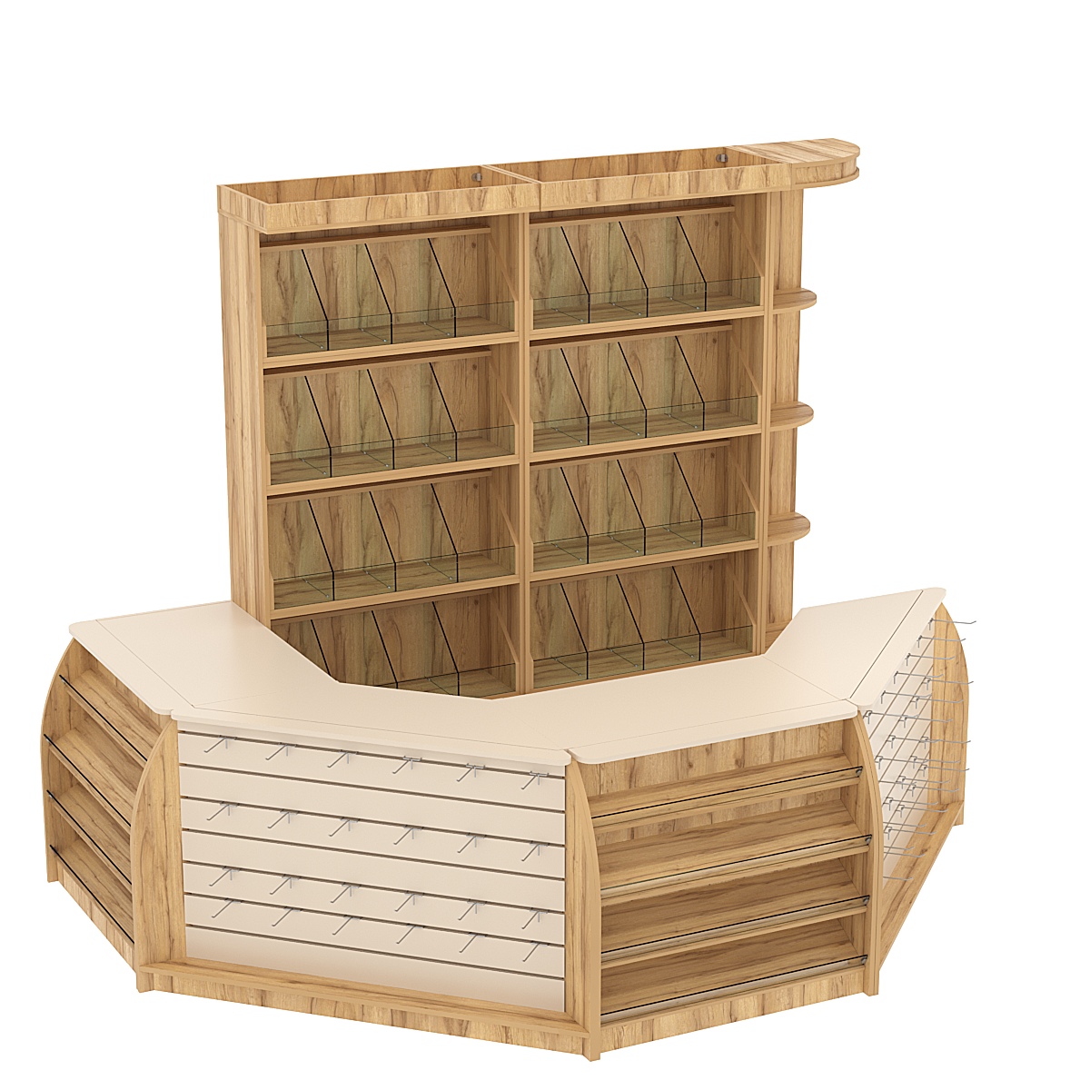 Комплект кассовой зоны со скосами и стеллажами под конфеты и орехи средний №2-1 Дуб Золотистый Крем Вайс