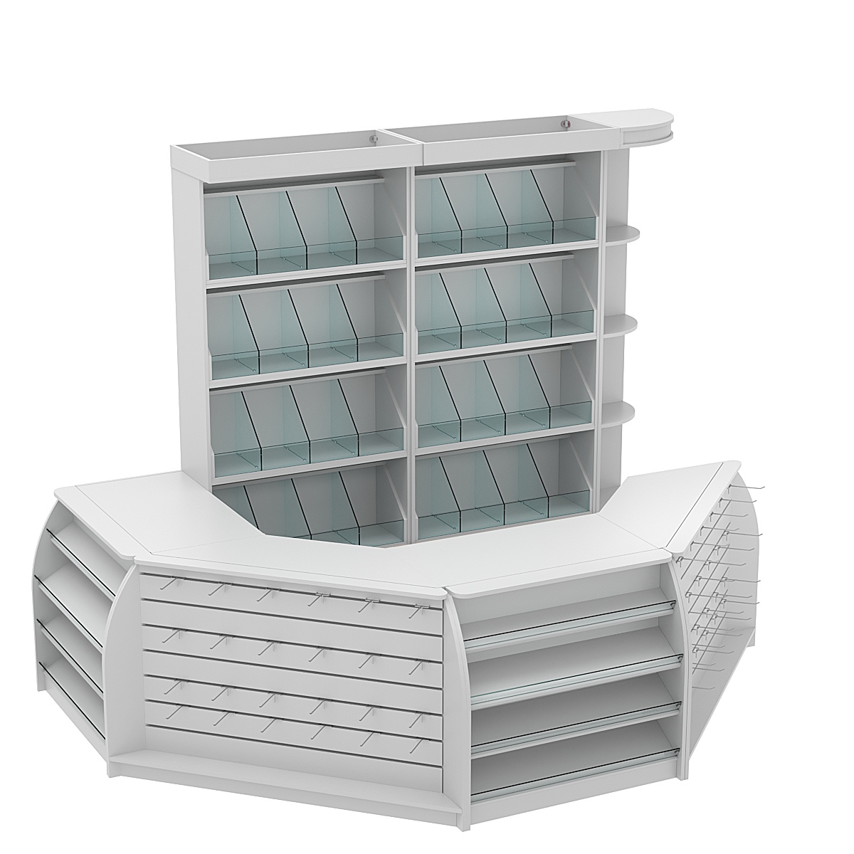 Комплект кассовой зоны со скосами и стеллажами под конфеты и орехи средний №2-1 Cерый