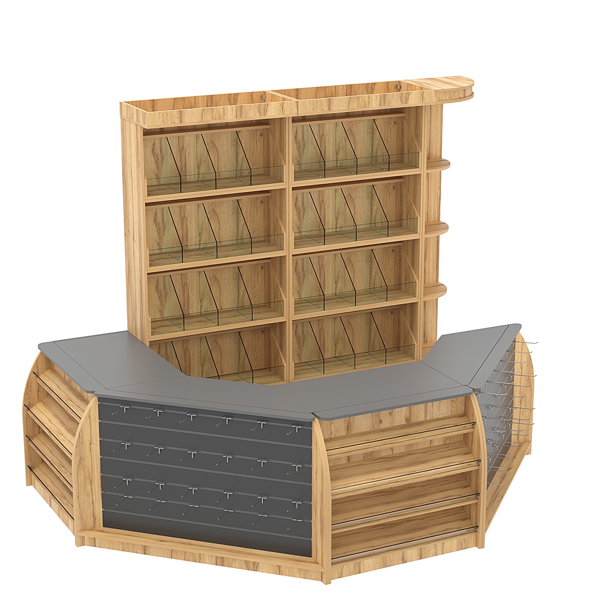 Комплект кассовой зоны со скосами и стеллажами под конфеты и орехи средний №2-1 Дуб Золотистый и Темно-Серый