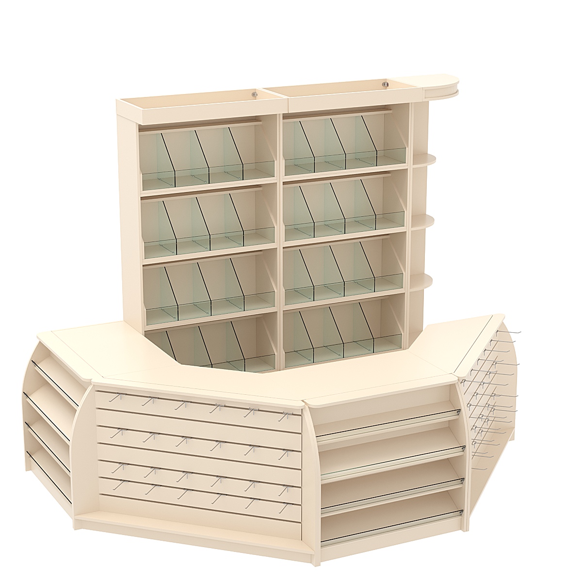 Комплект кассовой зоны со скосами и стеллажами под конфеты и орехи средний №2-1 Крем Вайс