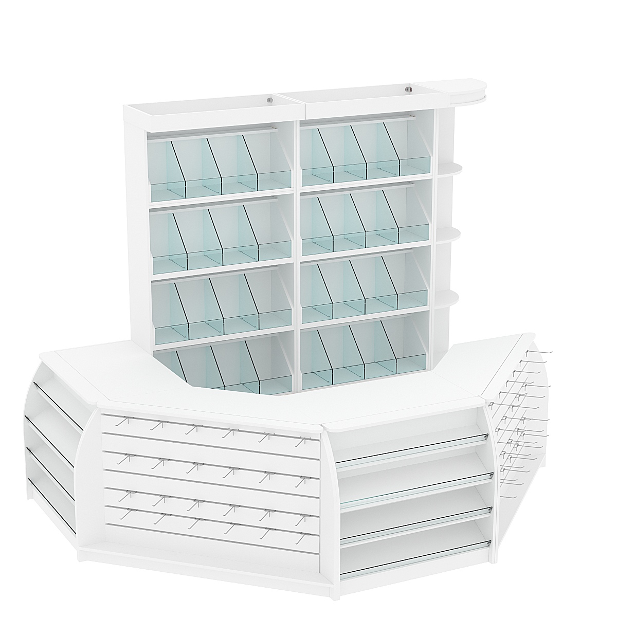 Комплект кассовой зоны со скосами и стеллажами под конфеты и орехи средний №2-1 Белый