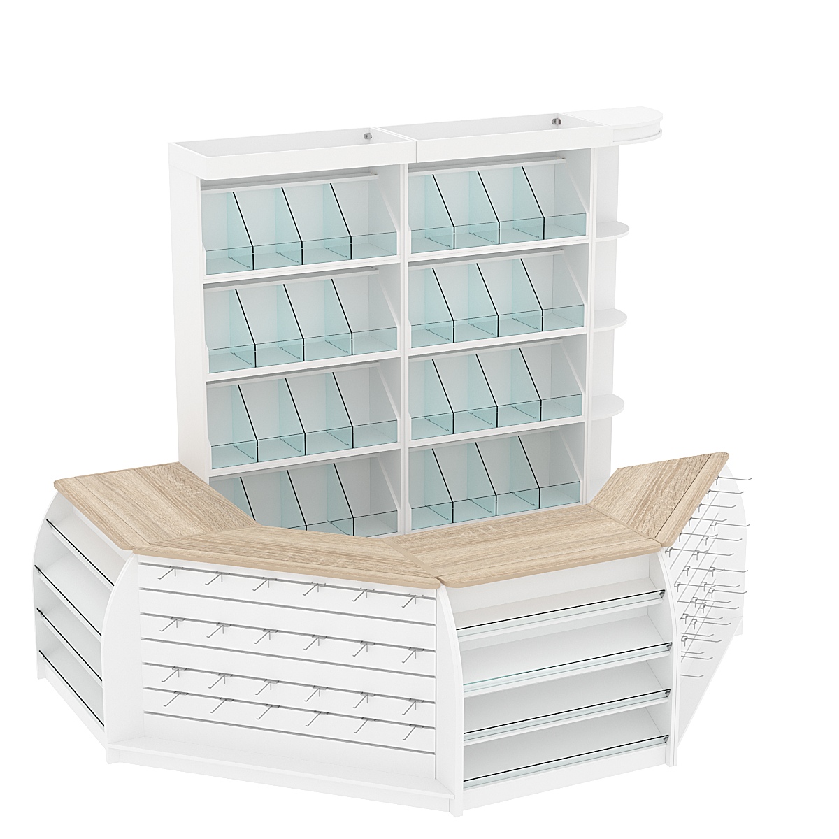 Комплект кассовой зоны со скосами и стеллажами под конфеты и орехи средний №2-1 Белый + Дуб Сонома