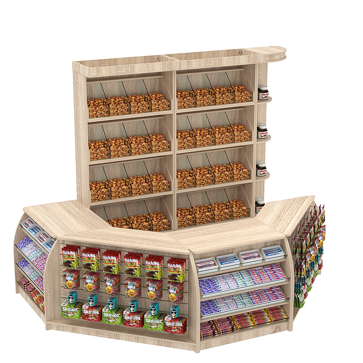 Комплект кассовой зоны со скосами и стеллажами под конфеты и орехи средний №2-1 Дуб сонома