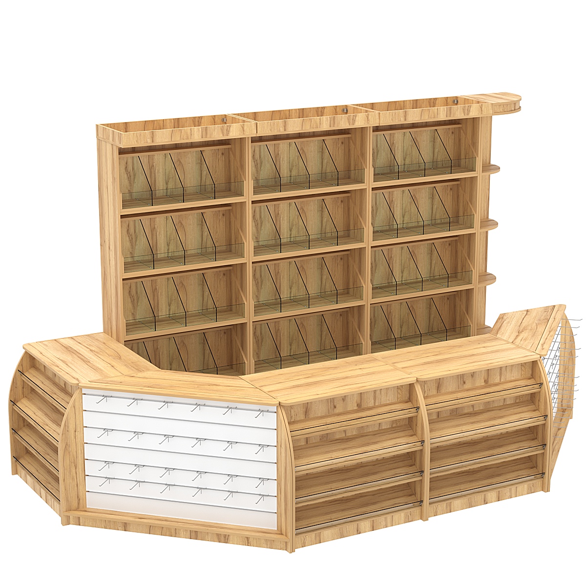 Комплект кассовой зоны со скосами и стеллажами под конфеты и орехи большой №3-1 Дуб Золотистый