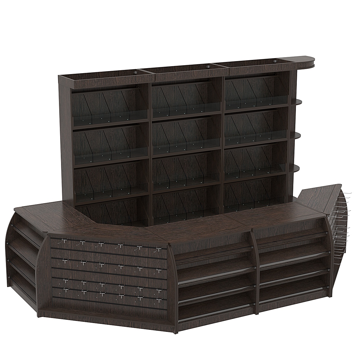 Комплект кассовой зоны со скосами и стеллажами под конфеты и орехи большой №3-1 Дуб Венге