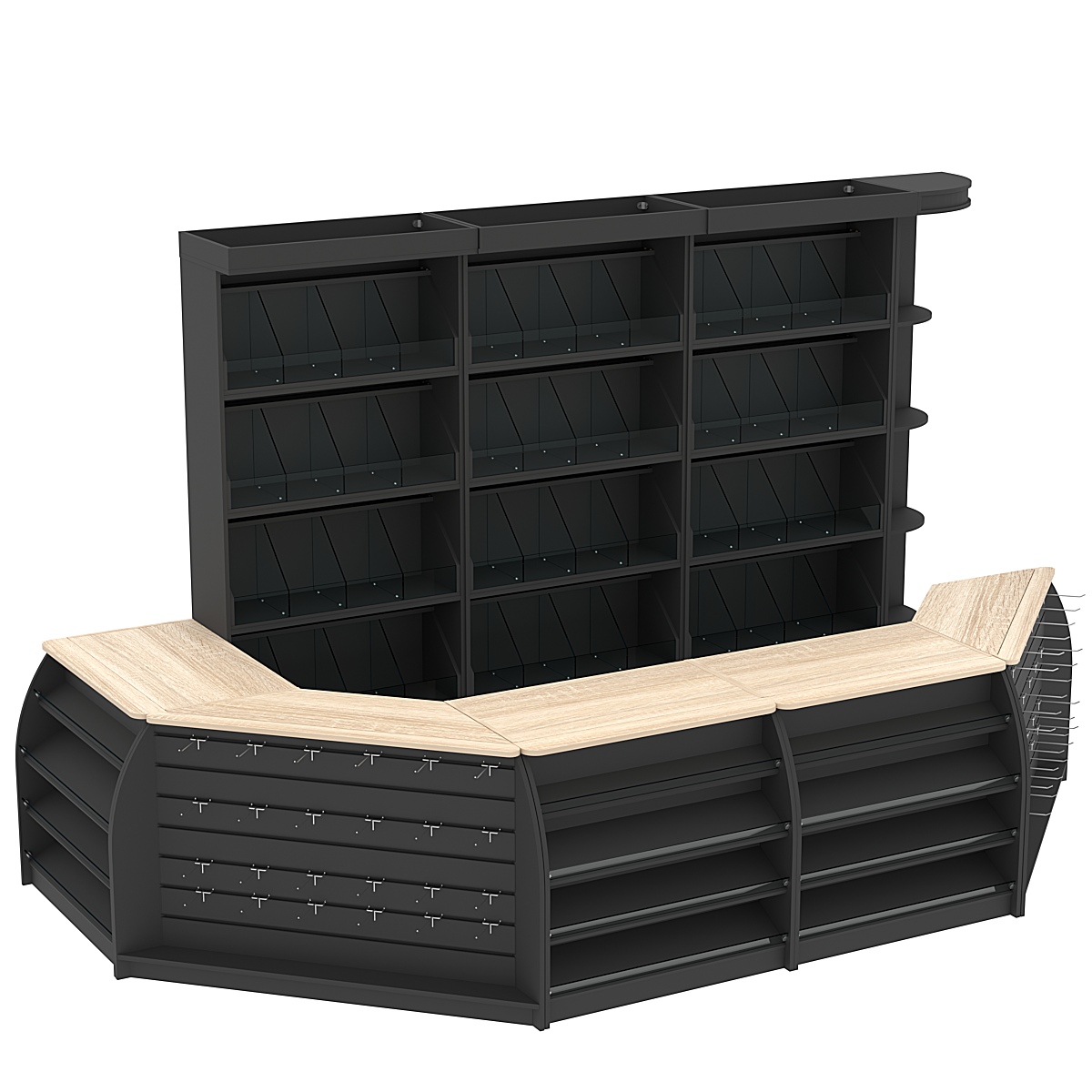 Комплект кассовой зоны со скосами и стеллажами под конфеты и орехи большой №3-1 Черный + Дуб Сонома