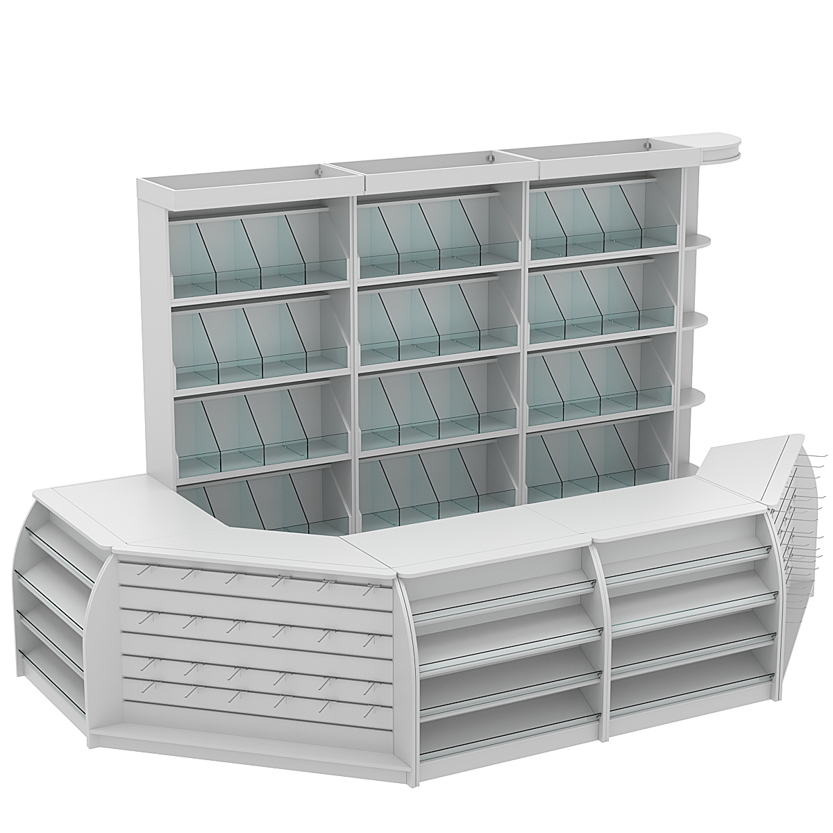 Комплект кассовой зоны со скосами и стеллажами под конфеты и орехи большой №3-1 Cерый