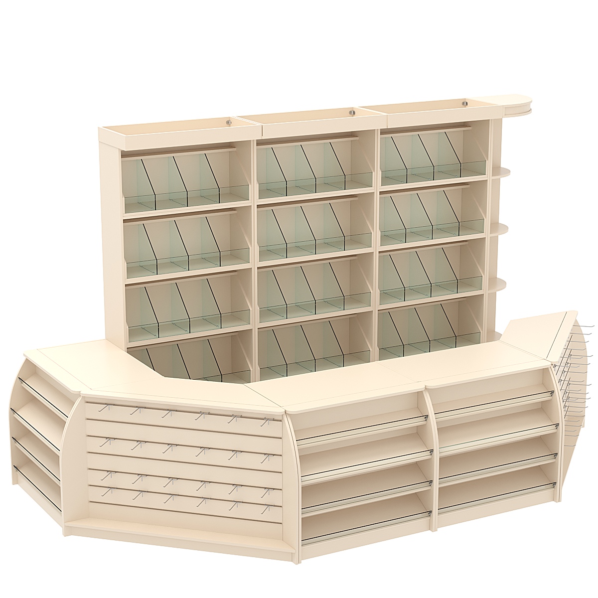 Комплект кассовой зоны со скосами и стеллажами под конфеты и орехи большой №3-1 Крем Вайс