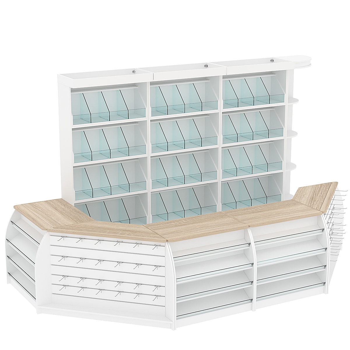 Комплект кассовой зоны со скосами и стеллажами под конфеты и орехи большой №3-1 Белый + Дуб Сонома