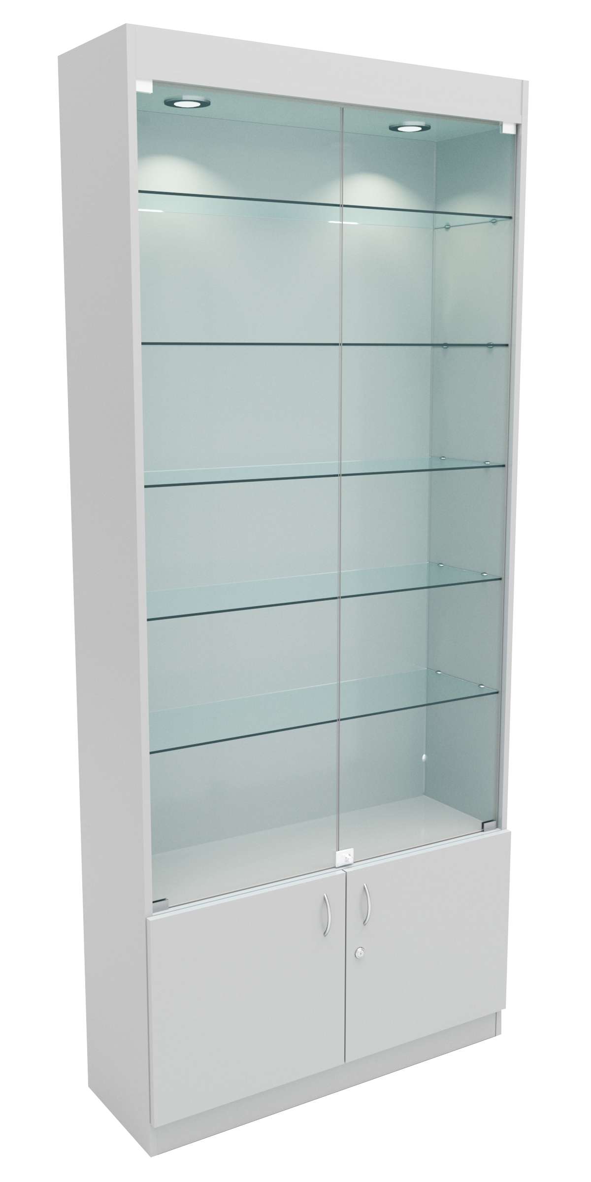 Стеклянная витрина серии Эконом № 300-1-5 (задняя стенка ДВП) Cерый