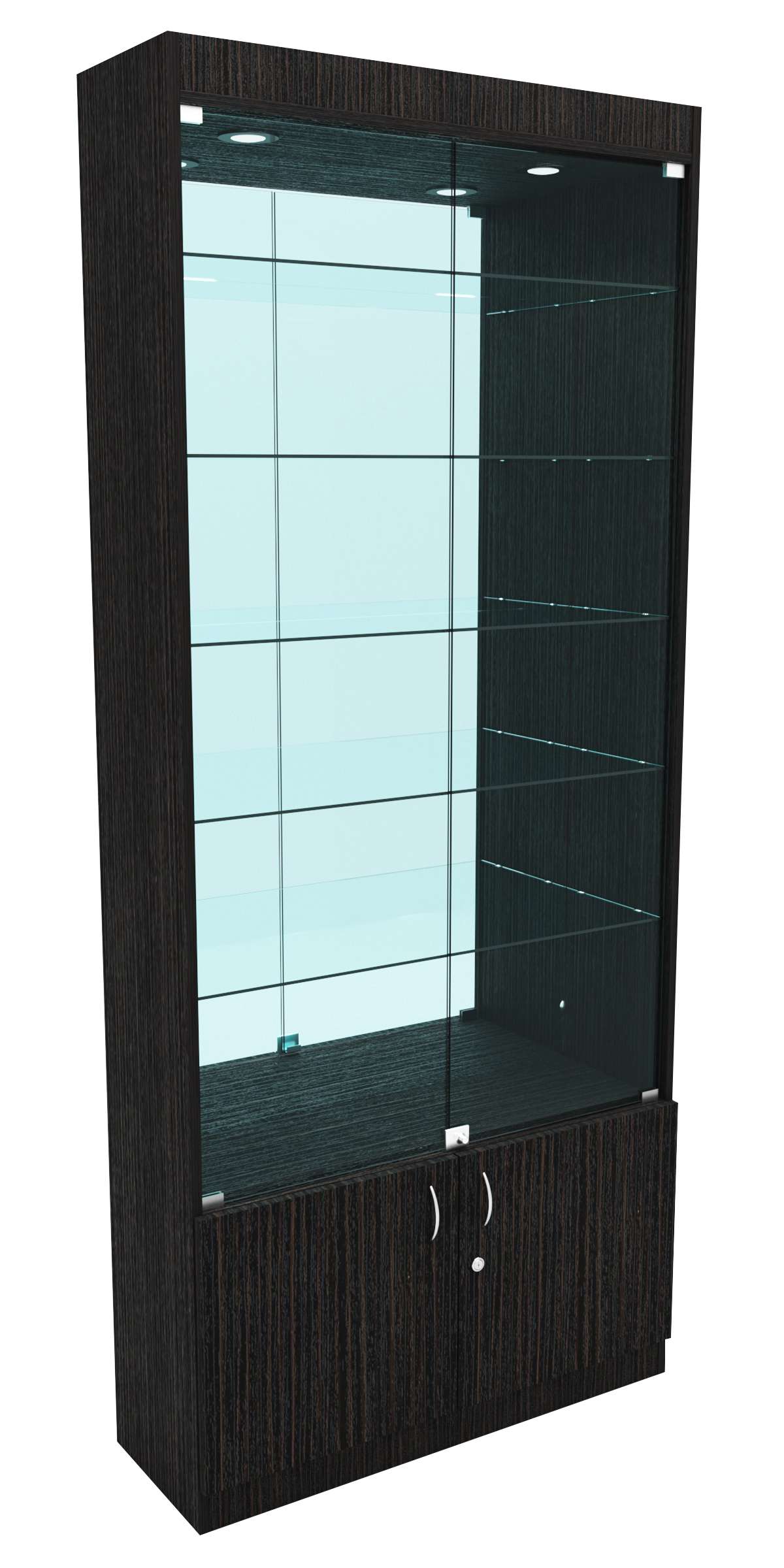 Стеклянная витрина серии Эконом № 300-3-5 (задняя стенка Зеркало) Дуб Венге