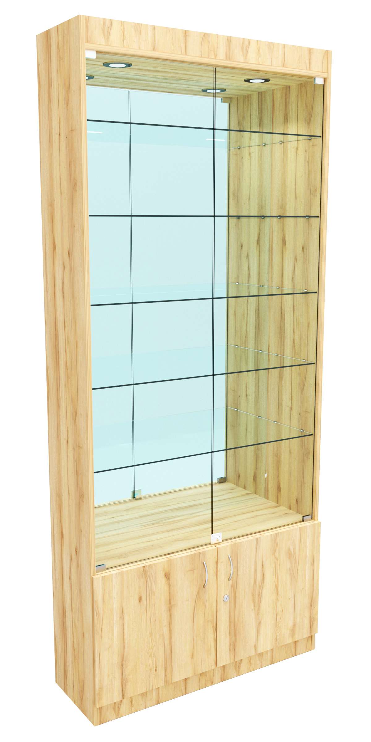 Стеклянная витрина серии Эконом № 300-3-5 (задняя стенка Зеркало) Дуб Золотистый